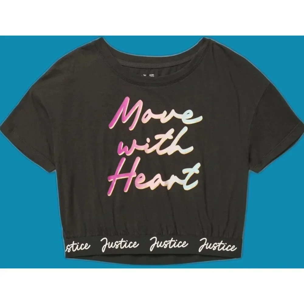 JUSTICE Dance Gymnastics Crop Move With Heart Black Shirt GIRLS SIZE XS 5-6 NEW